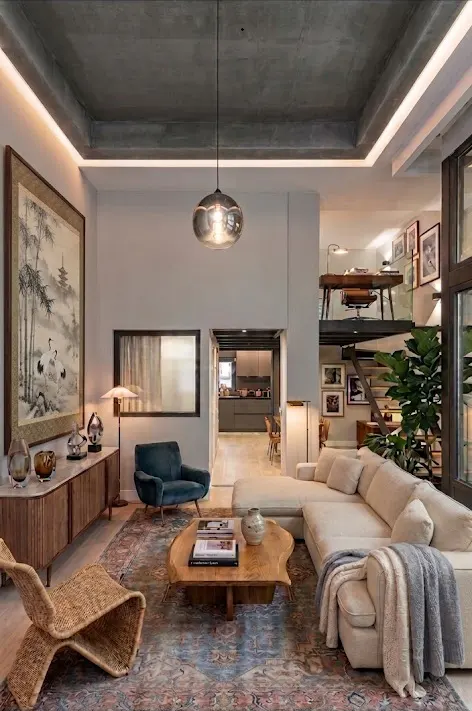 Modern living room with a beige sectional, blue armchair, wooden coffee table, and a large Asian-style wall art piece.