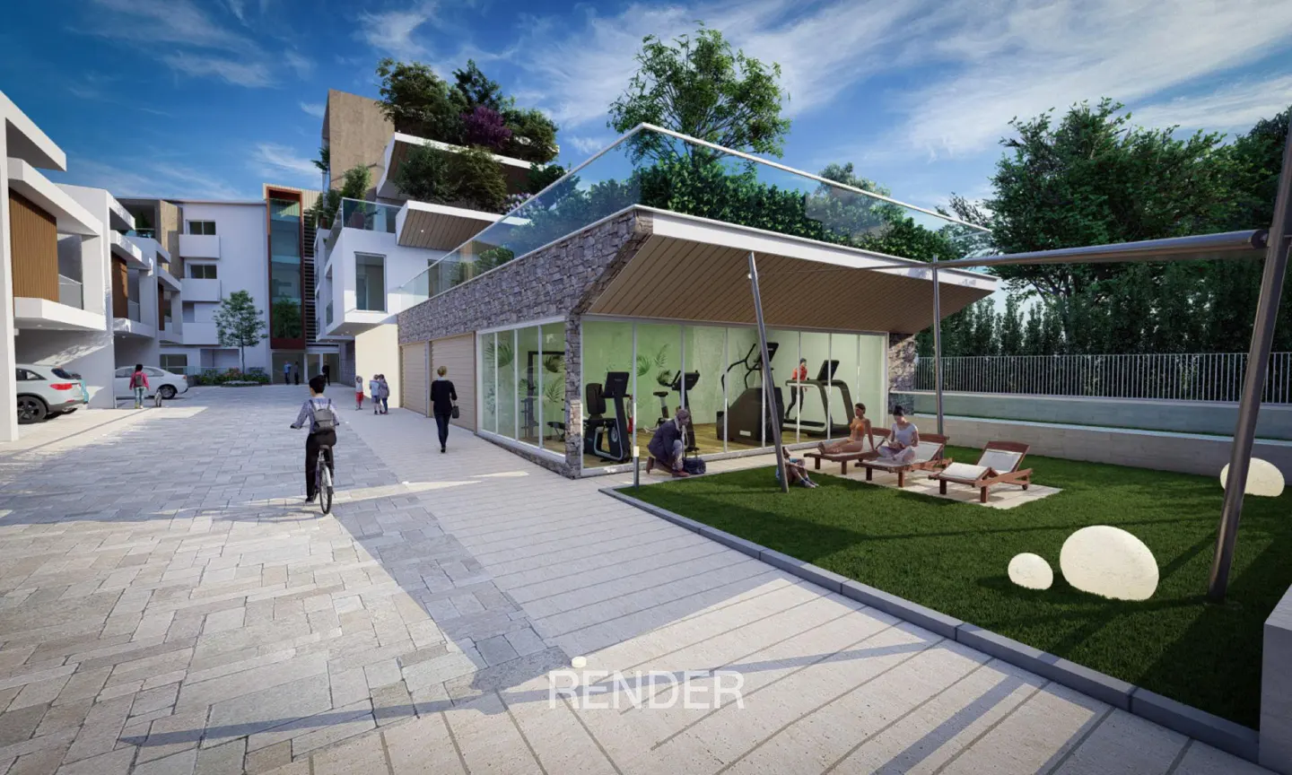Modern apartment complex with a glass-walled gym, outdoor lounge chairs on a lawn, and people walking and cycling nearby.