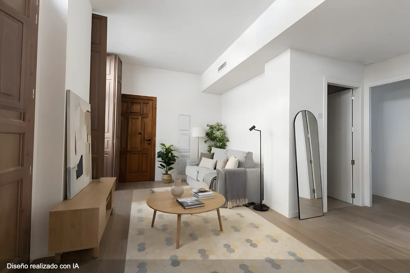 Bright living room with white walls, wood floors, and a geometric rug. A gray sofa, round table, and wooden cabinet furnish the space.
