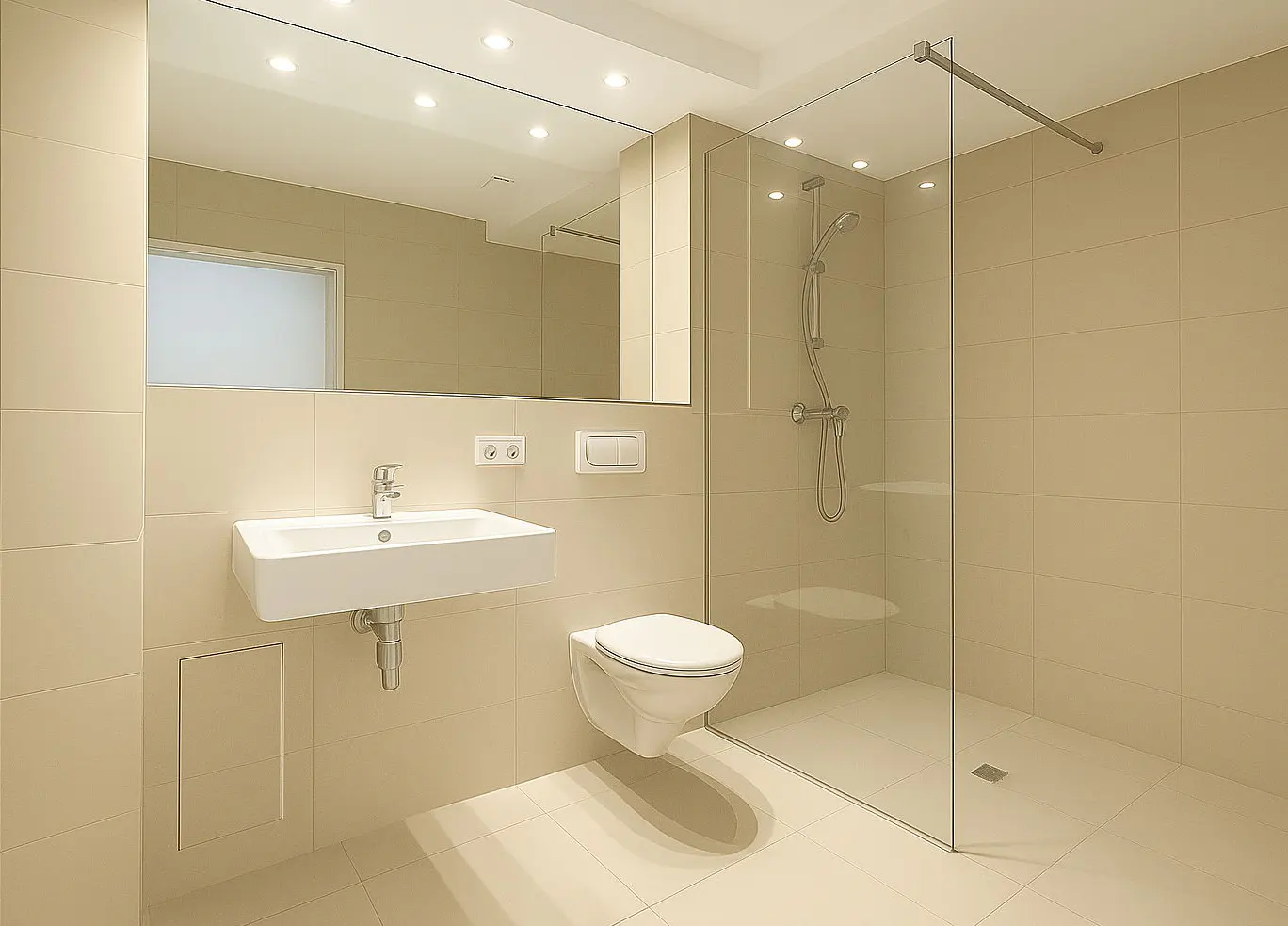 Bright bathroom with beige tiles, a glass-enclosed shower, a white sink, a toilet, and a large mirror.