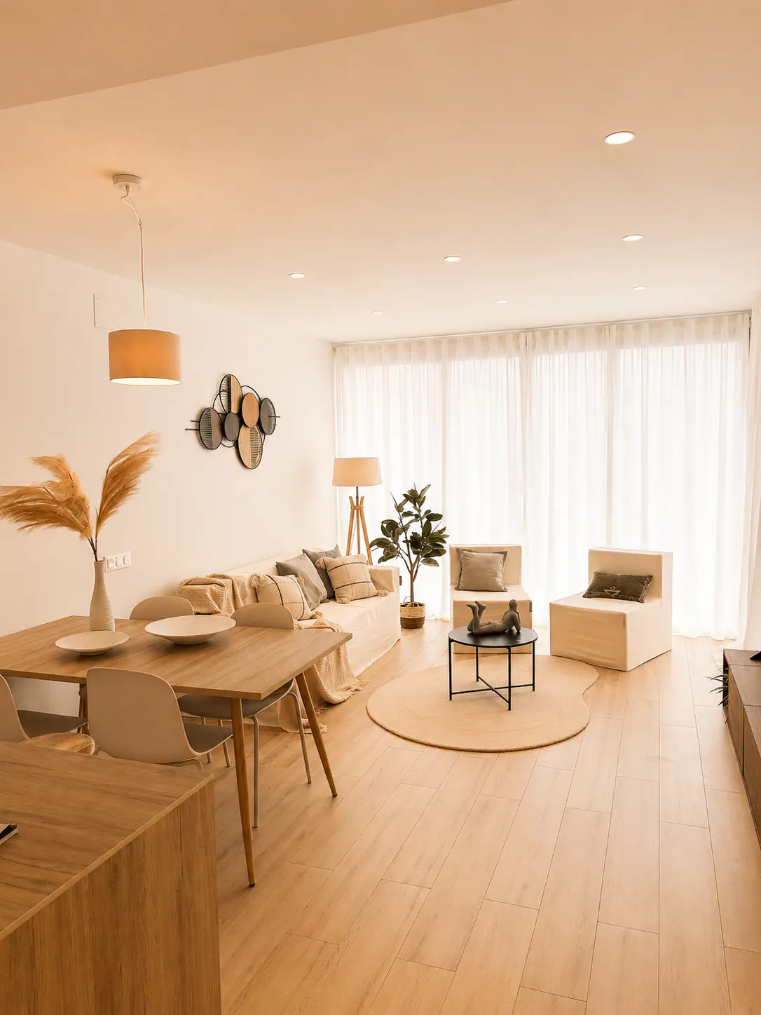 Bright, modern open-plan living room with light wood floors, a dining area, and a cozy seating space with white curtains.