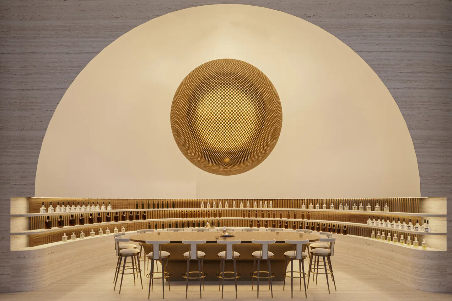Interior view of a bar with a large, round table surrounded by stools, shelves of bottles, and a golden sphere hanging above.