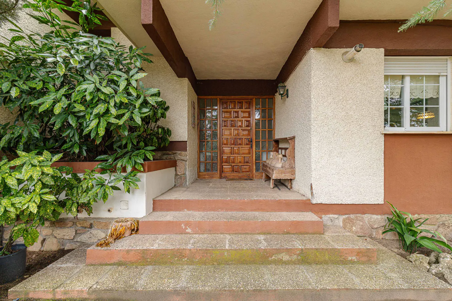 Front entrance of a house with a brown wooden door, concrete steps, and green bushes.