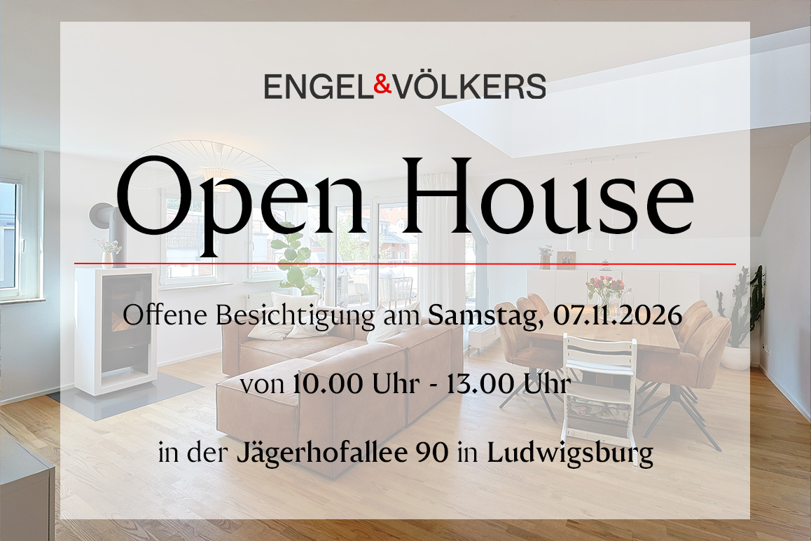 Engel & Völkers open house flyer for a property in Ludwigsburg on Nov 7, 2026, featuring a modern living and dining room. [AI-generated text]