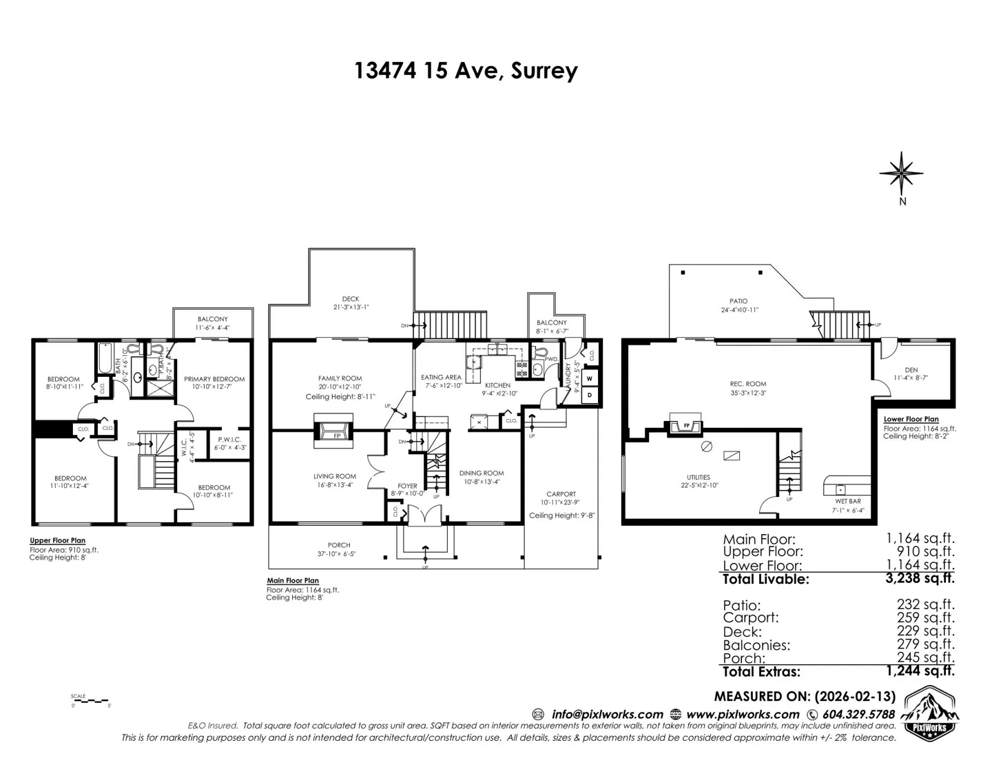 Black and white floor plan for 13474 15 Ave, Surrey, showing upper, main, and lower floors with room dimensions and total square footage.