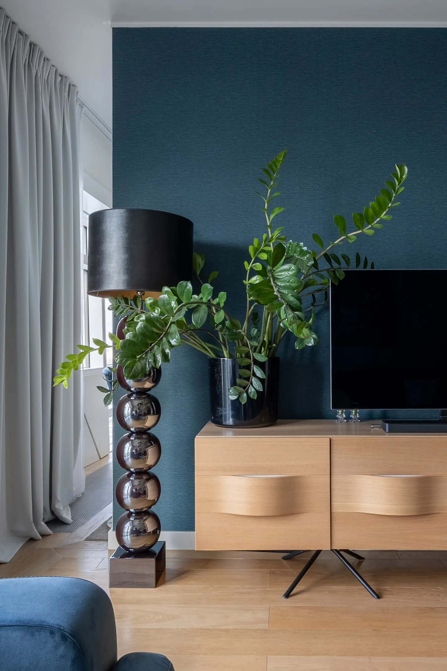 Living room with a black lamp, green plant, and a light wood TV stand against a dark blue wall.