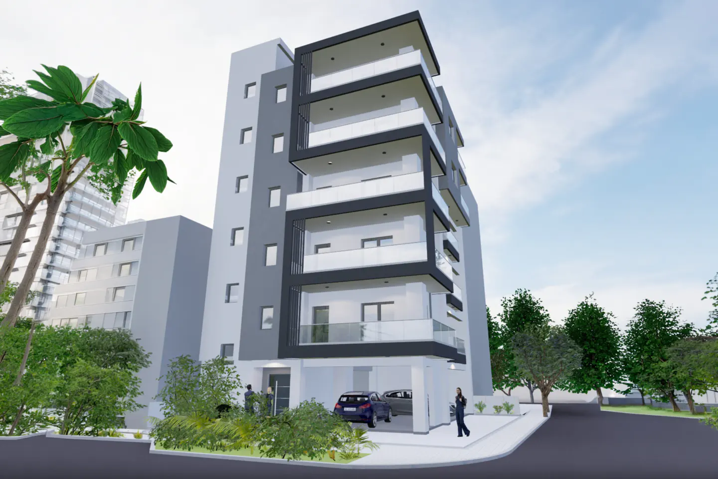 A modern multi-story apartment building with gray and black accents, glass balconies, and a ground-level parking area.