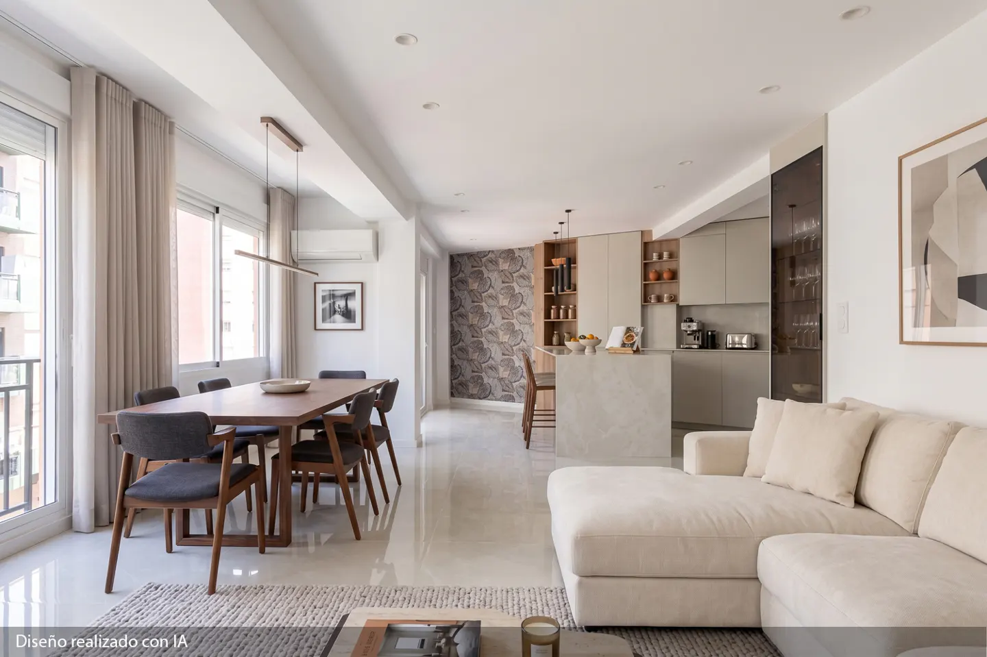 Modern open-plan living area with a wooden dining table, cream sectional sofa, and a sleek kitchen with a stone island.