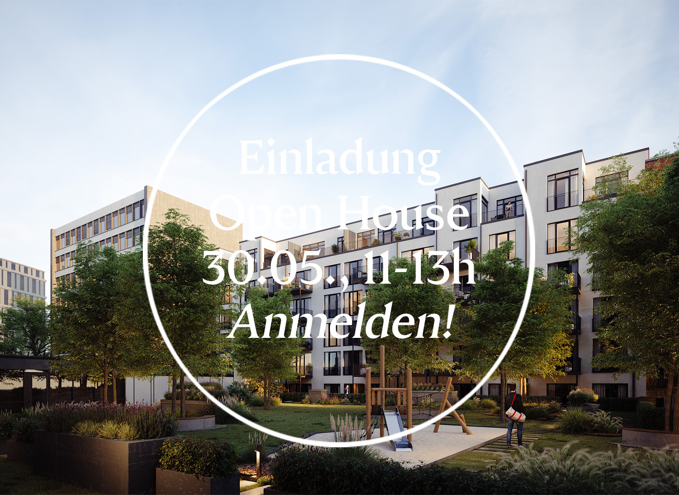 Apartment complex with a playground and an invitation to an open house on May 30th from 11-13h.