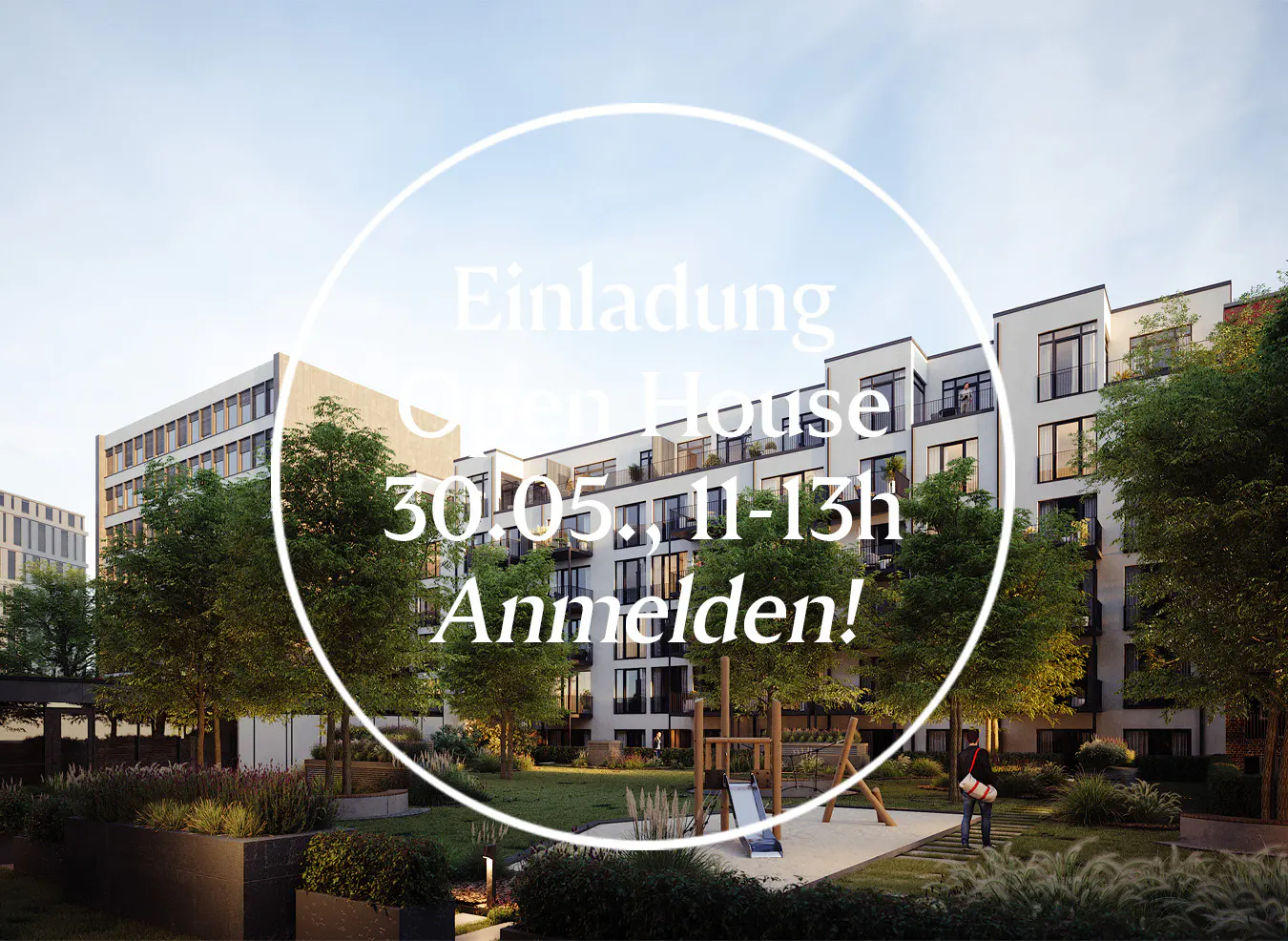 Apartment complex with a playground and an invitation to an open house on May 30th from 11-13h.