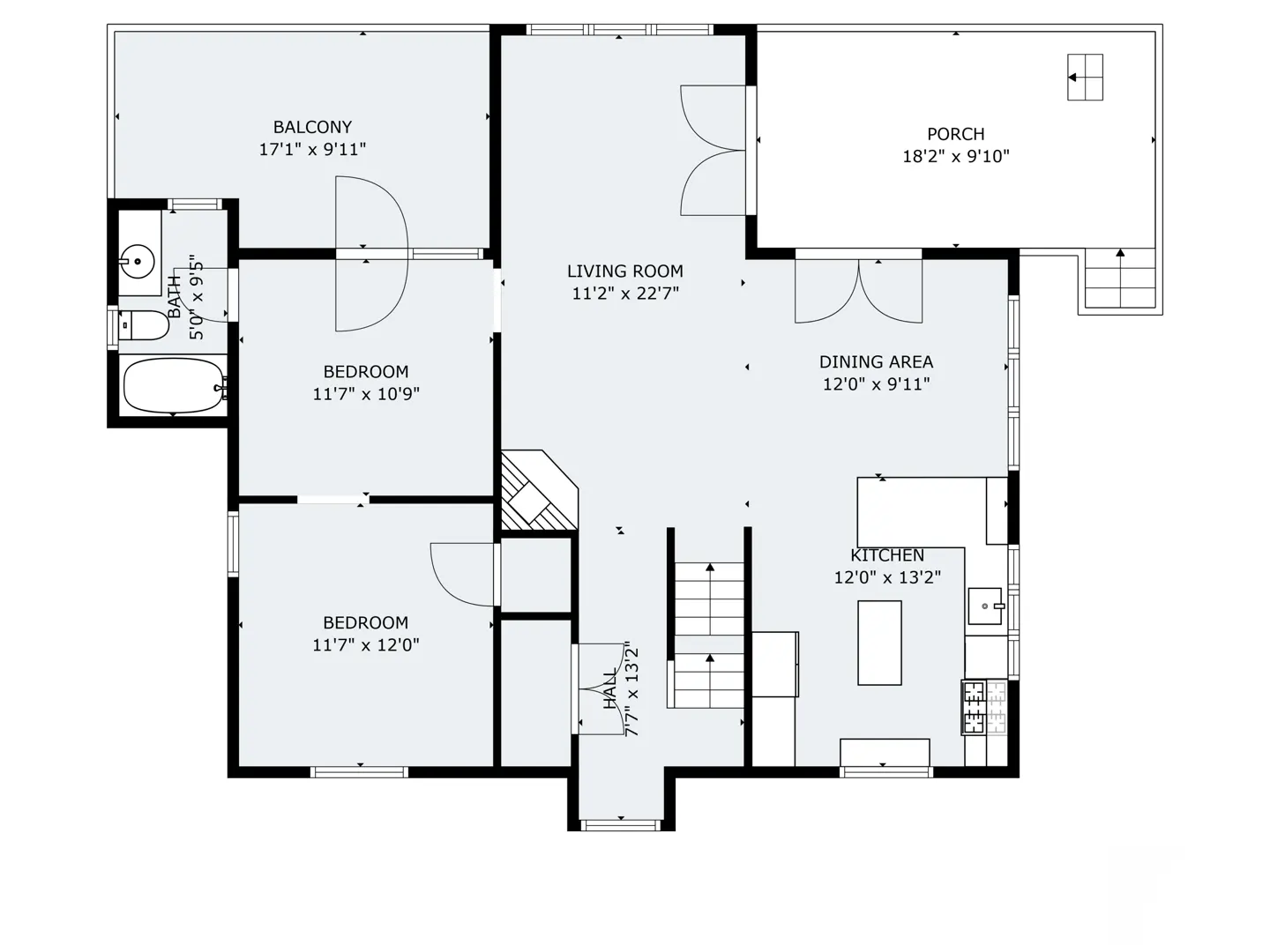 Floor plan of a two-bedroom house with a living room, dining area, kitchen, balcony, porch, bathroom and hall.