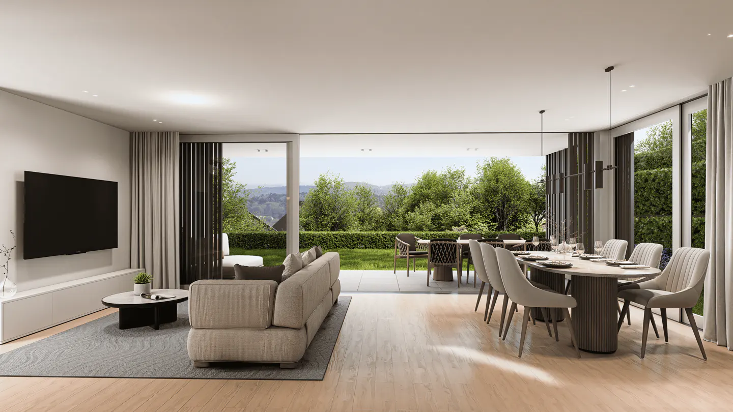 Open-concept living and dining area with a beige sofa, dining table, and a view of a green lawn.
