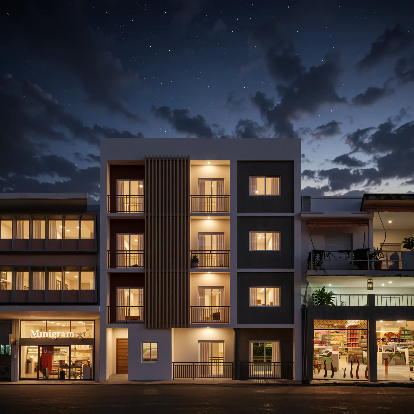 Three-story apartment building at night with balconies and warm lighting, flanked by shops under a starry sky.