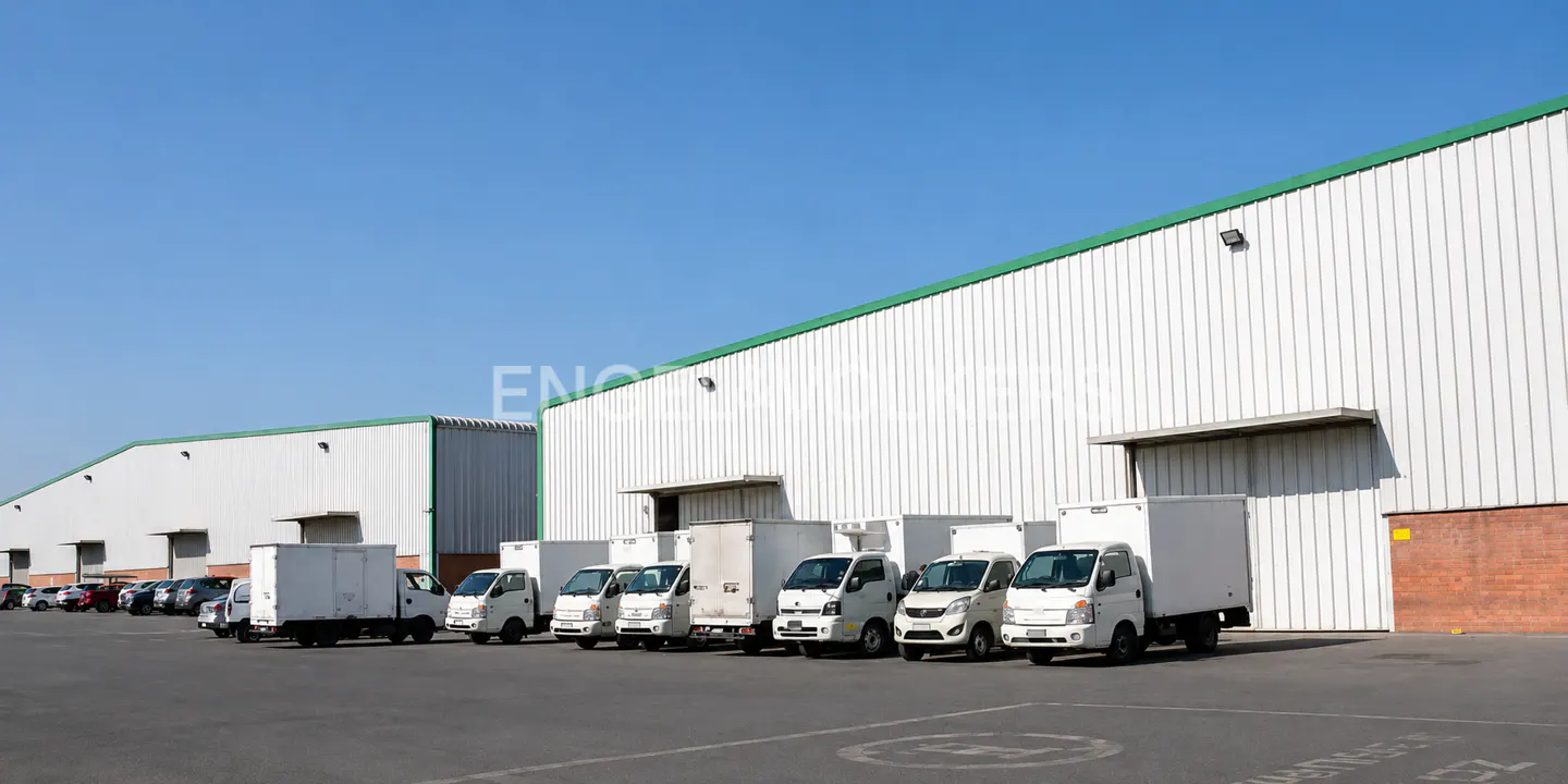 A row of white delivery trucks parked in front of a large white warehouse under a blue sky.