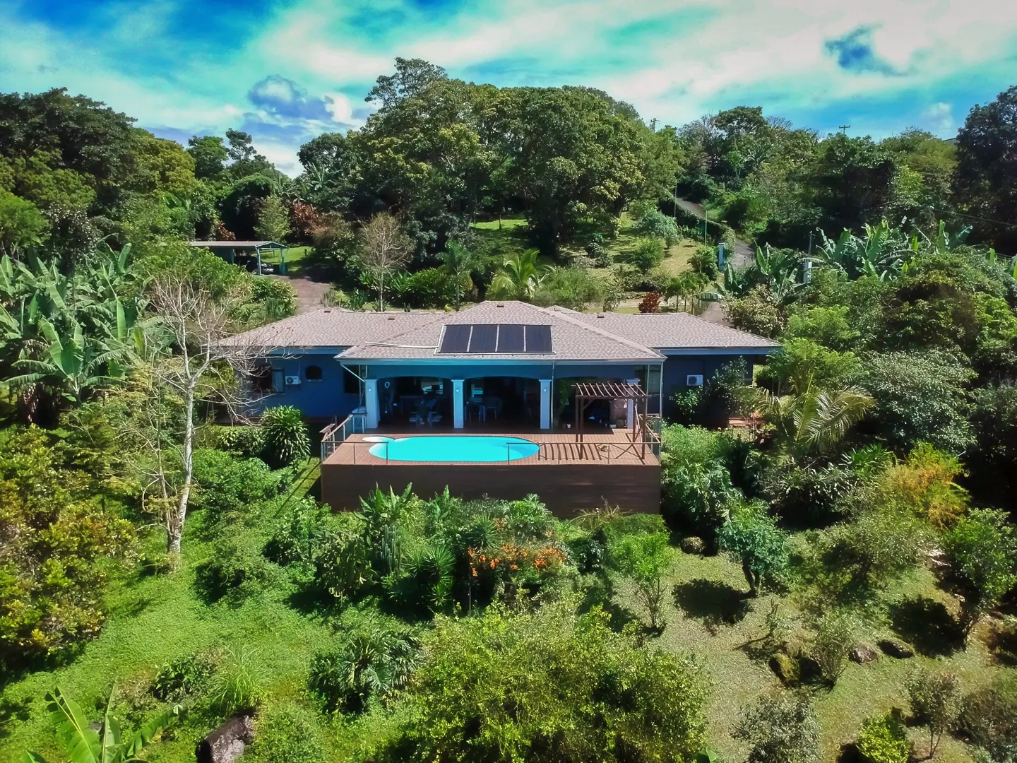 Aerial view of a blue house with a pool and solar panels, surrounded by lush green trees and plants.