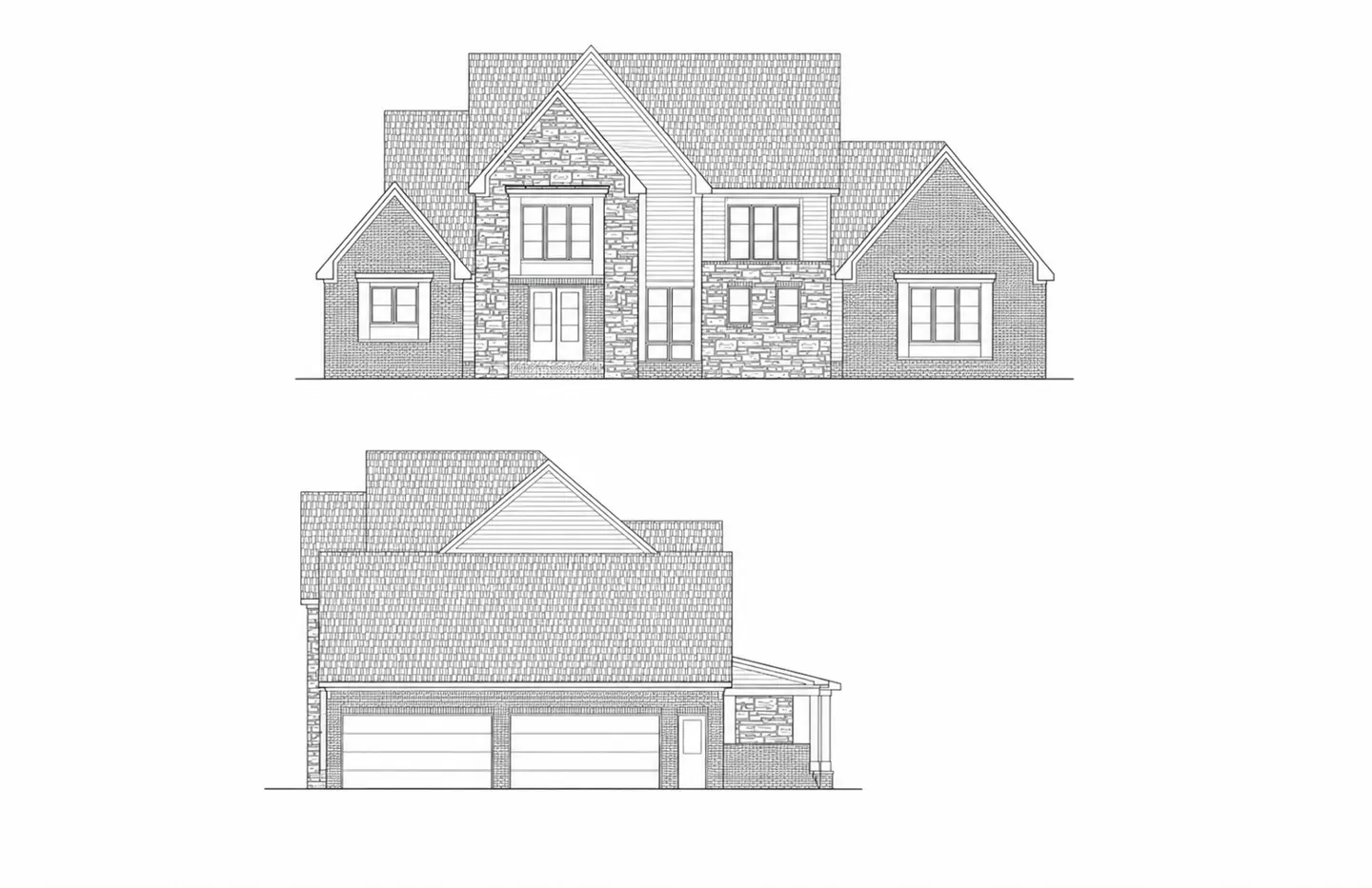 Architectural drawing of a two-story house with brick and stone facade, double front doors, and a two-car garage on the side.