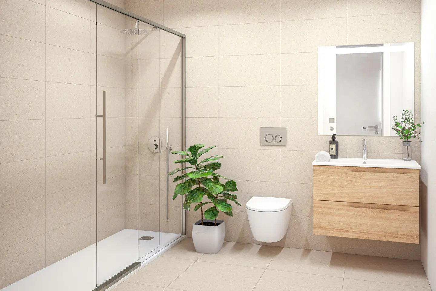 Bright bathroom with beige tiles, glass shower, floating toilet, and wood vanity with a white sink and mirror. A green plant adds a touch of nature.