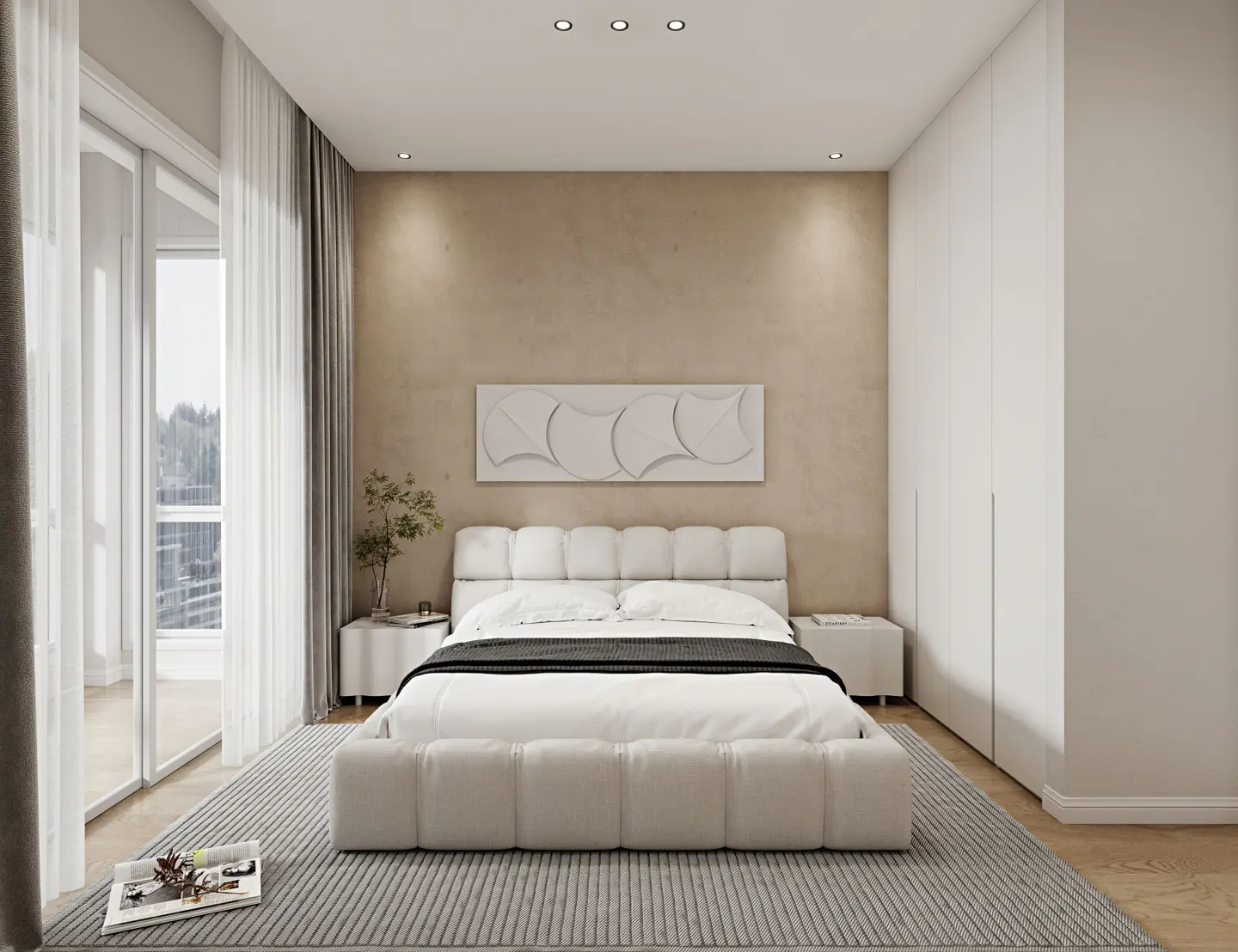 Bright bedroom with a white bed, a gray rug, and a large window with sheer curtains. A white abstract art piece hangs above the bed.