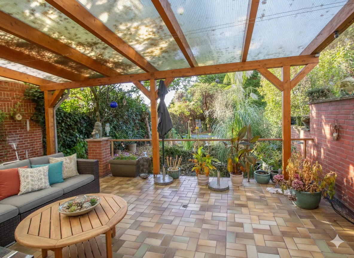 Outdoor patio with a wooden pergola, brick walls, and a gray sofa with colorful pillows. A round wooden table sits on the tiled floor.