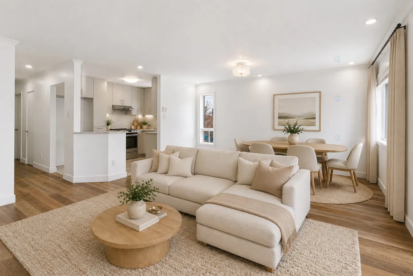 Open-concept living space with a beige sectional sofa, round wood table, and dining set. Kitchen visible in the background.
