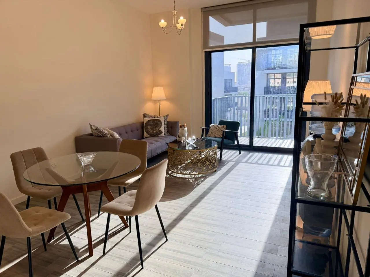 Bright living room with a gray sofa, glass table, and four chairs. A cat sits on a gold coffee table near a balcony with city views.