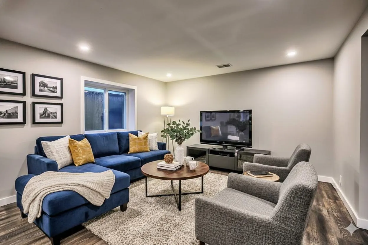 Living room with a blue sectional sofa, two gray armchairs, and a round wood coffee table on a shag rug. A TV sits on a gray stand.