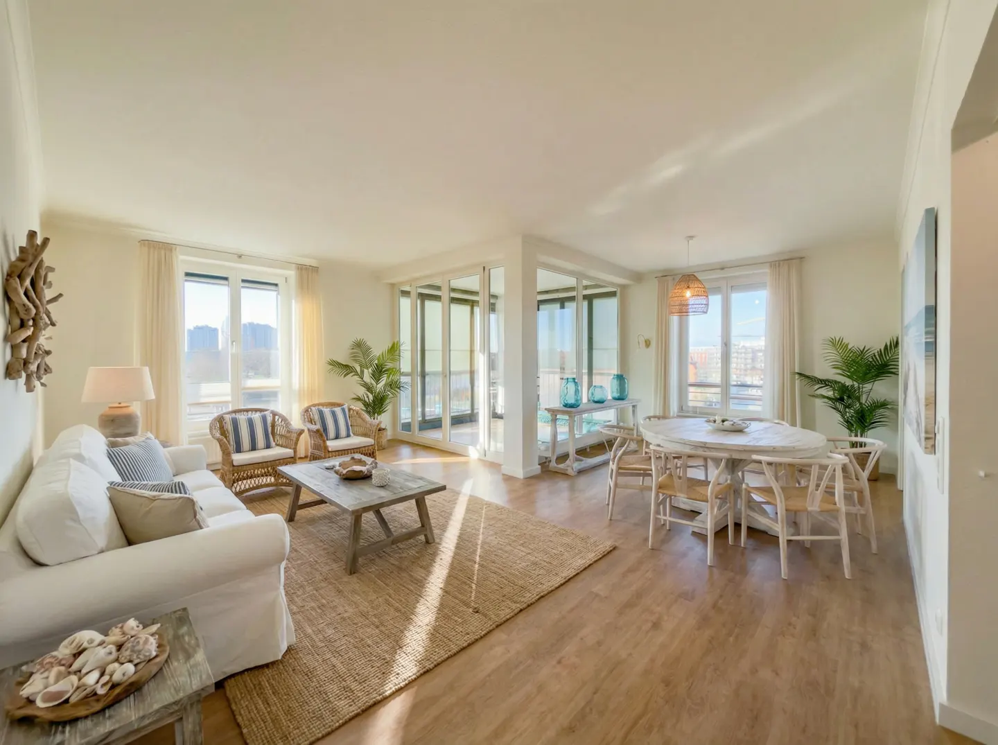 Bright, open-concept living and dining area with beachy decor. White sofa, wood table, jute rug, and round dining table with woven chairs.