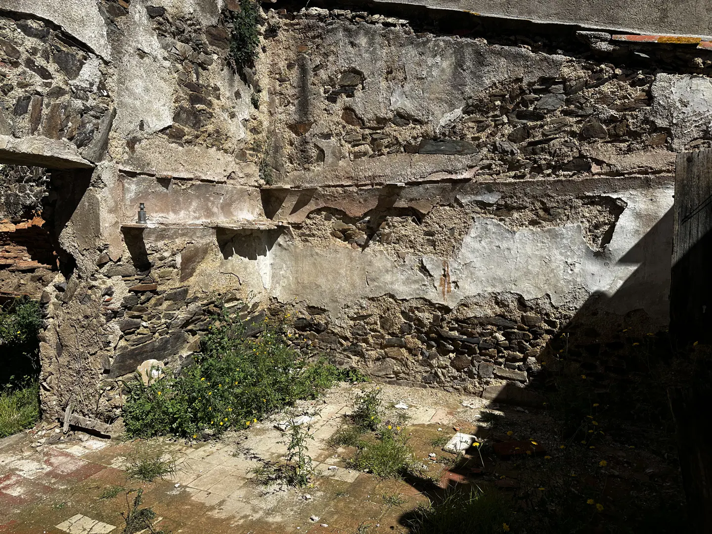 Exterior view of a weathered stone wall with crumbling plaster and overgrown vegetation.