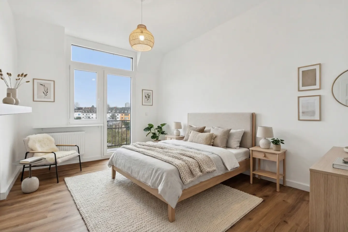 Bright bedroom with wood floors, white walls, and a large window. A bed with neutral linens sits on a cream rug. Rattan light fixture and nightstands.