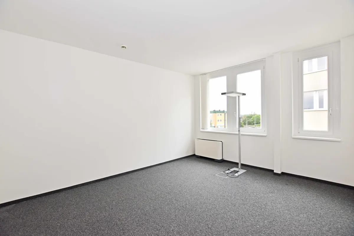 Bright, empty room with gray carpet, white walls, and two windows. A modern lamp stands near a radiator.