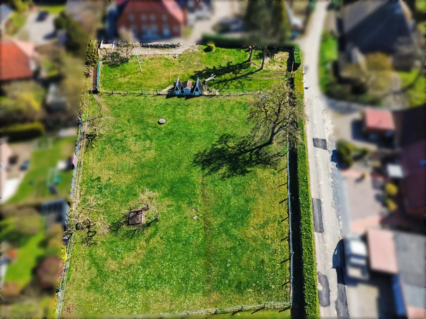 Aerial view of a fenced green field with a tree casting a shadow, and a small white structure in the background.