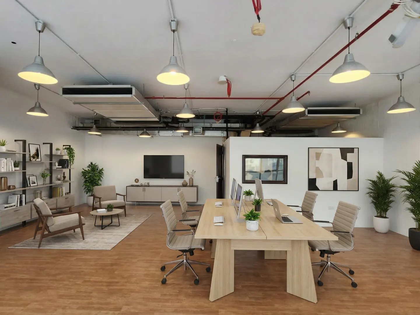 Bright, modern office space with a long wooden table, computers, and chairs. A lounge area with armchairs and a bookshelf is in the background.