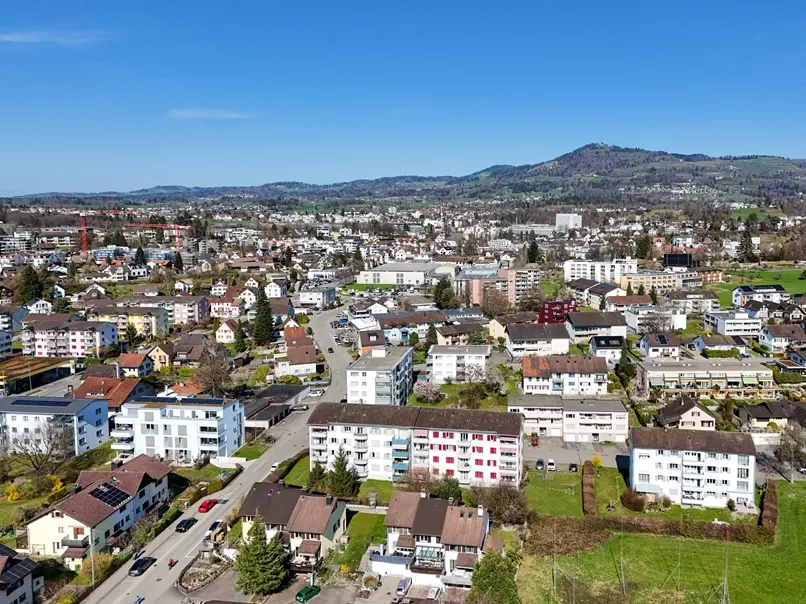 Aerial view of a town with houses, apartments, and green spaces under a clear blue sky, with mountains in the background.