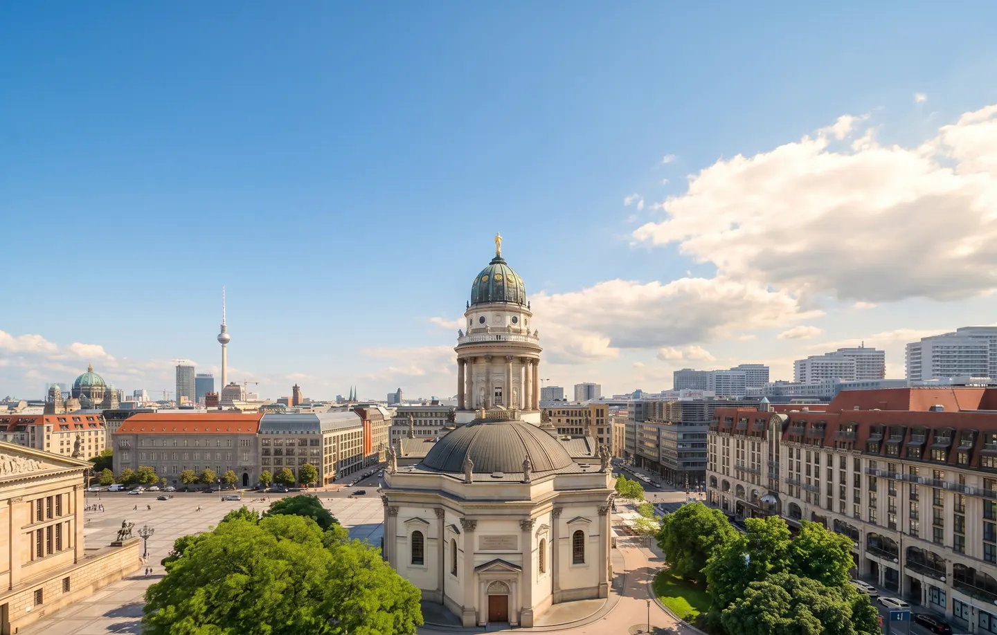 Berlin cityscape featuring the French Cathedral, green trees, and buildings under a blue sky with white clouds.