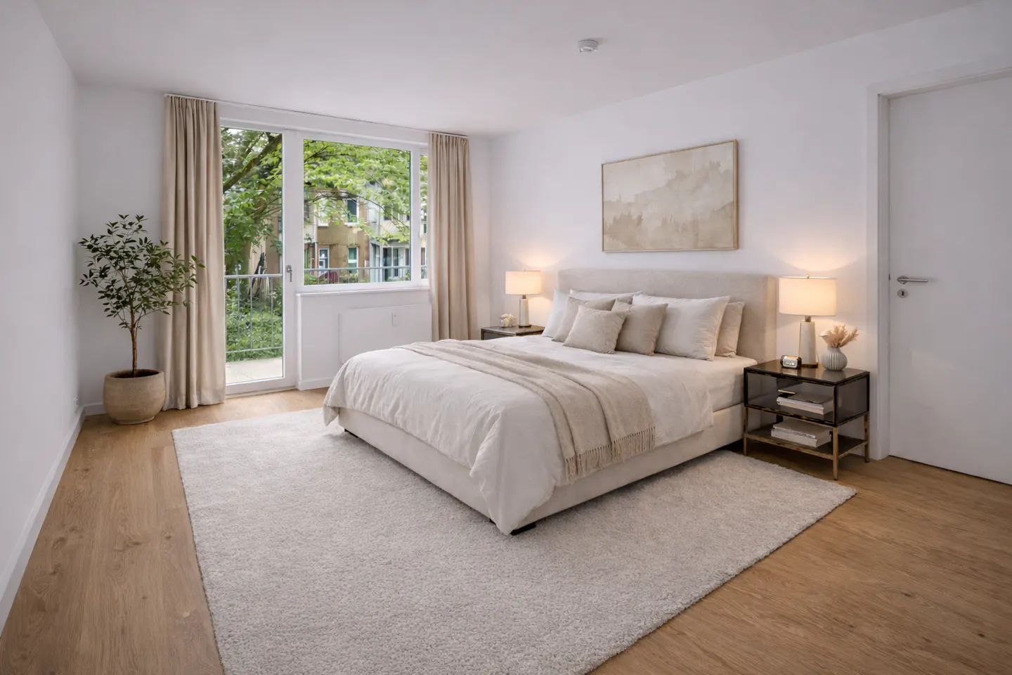 Bright bedroom with a large bed, white walls, wood floors, and a view of greenery through a glass door. Neutral tones create a calming atmosphere.