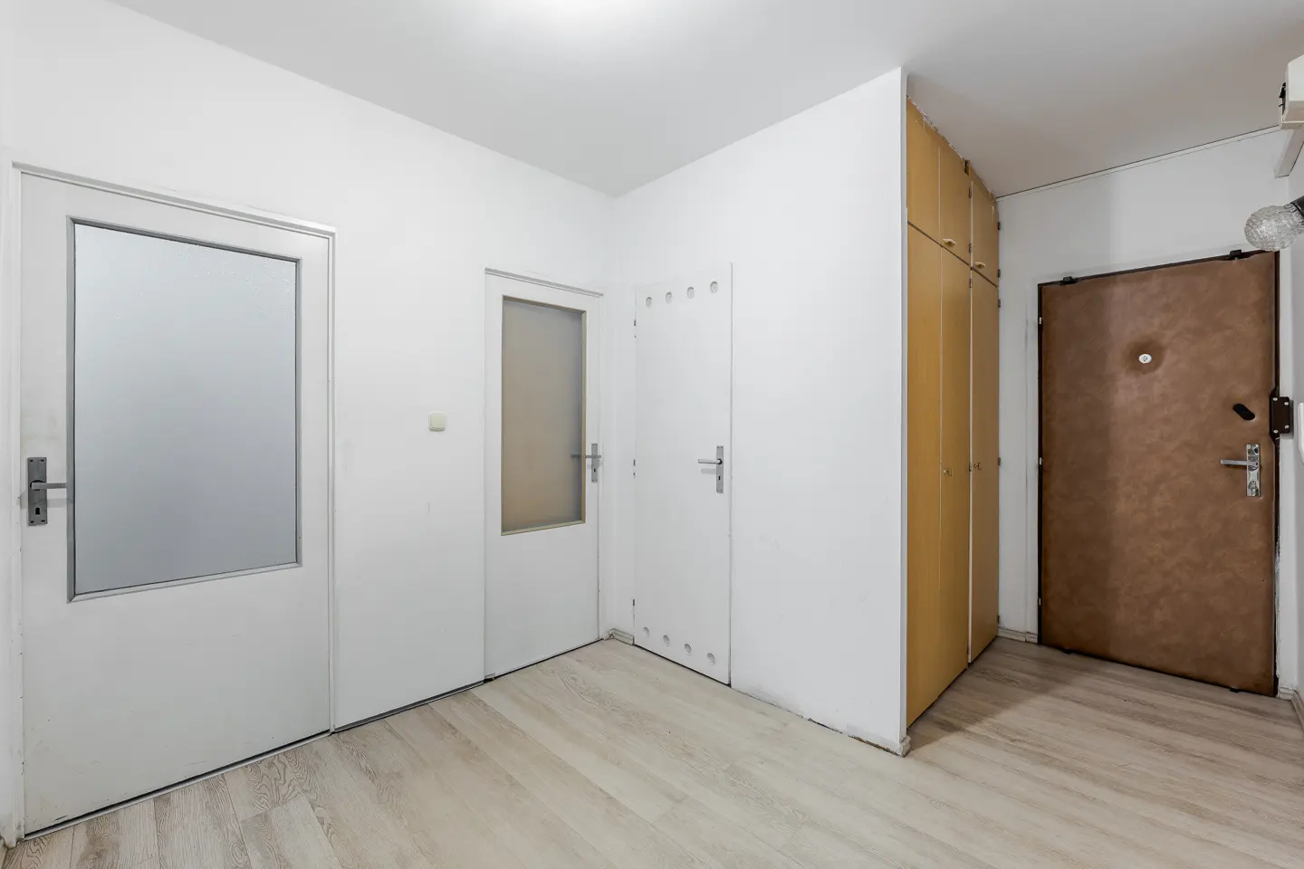 A bright hallway with light wood floors, three white doors with glass panels, and a tall, light-brown wooden cabinet.