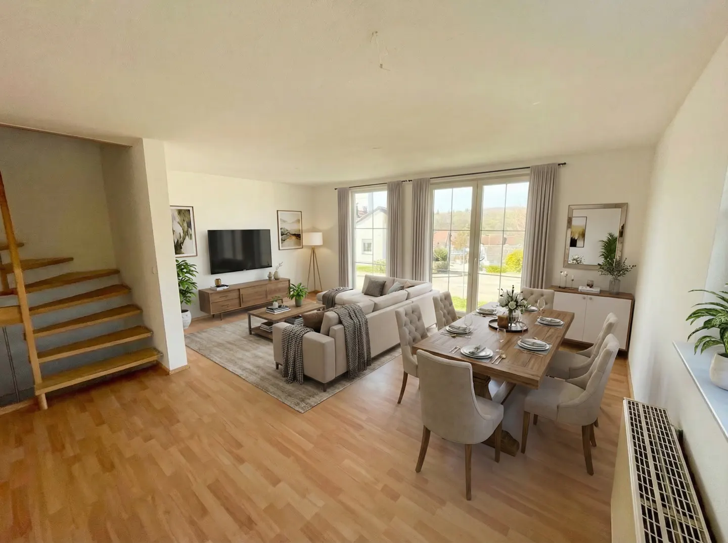 Bright, open-concept living and dining area with hardwood floors. Beige sofas, wood dining table set for six, and staircase visible.