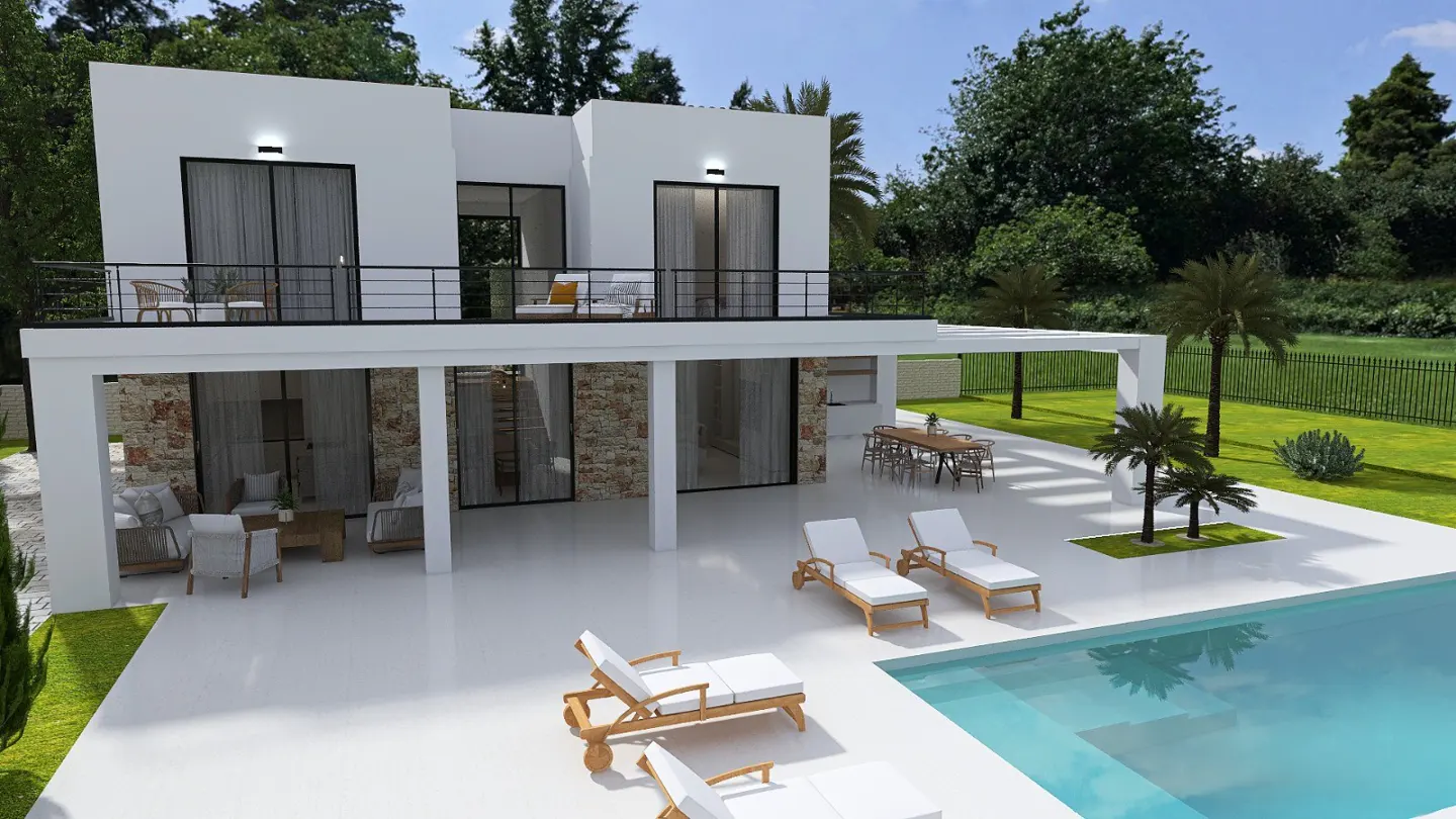 Two-story modern white house with balconies, stone accents, pool, lounge chairs, and outdoor dining area surrounded by lush greenery.