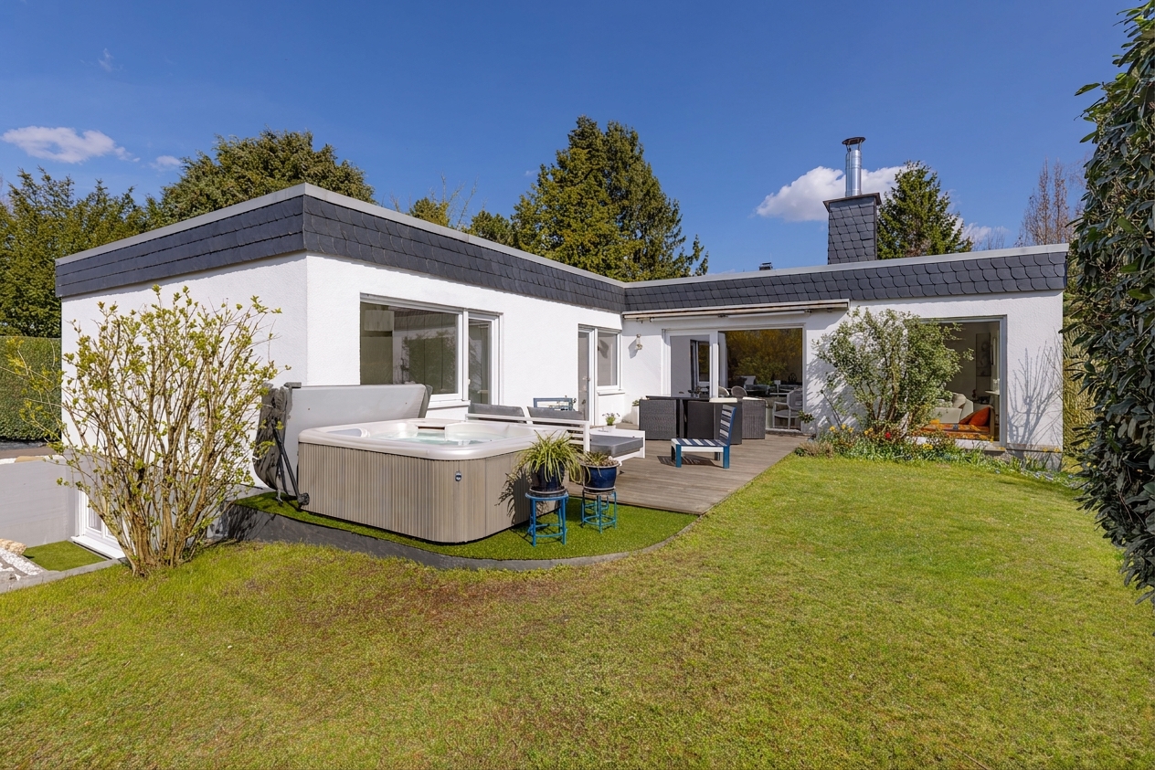 Stylishly modernized bungalow with upscale amenities and a tranquil garden [AI-modified]