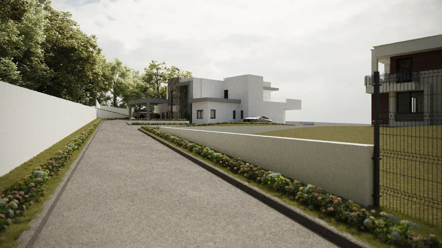 Modern white house with a long driveway and manicured landscaping. A car is parked in the carport.