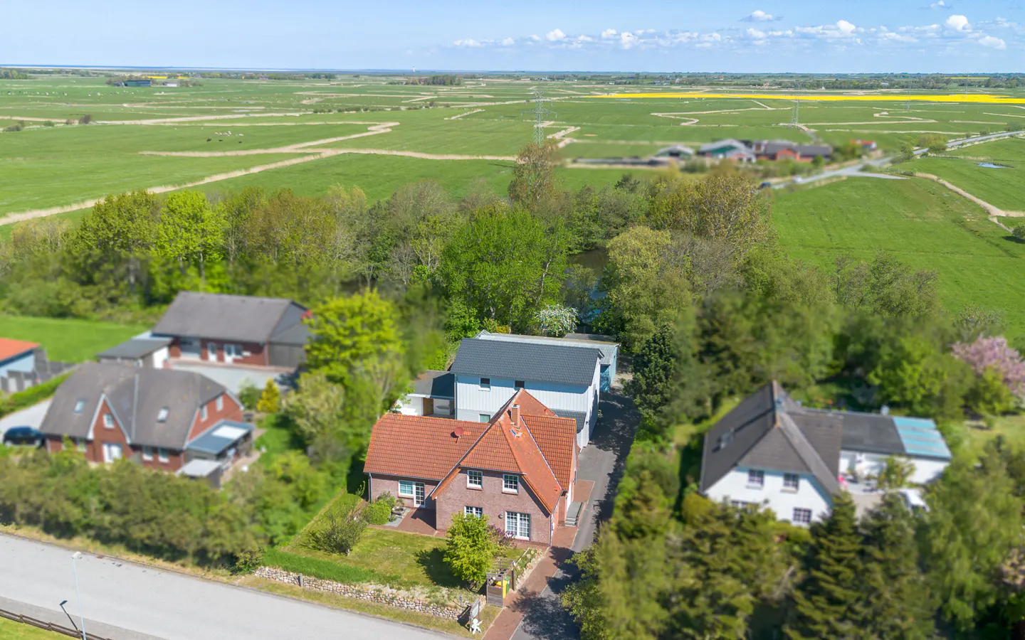 Aerial view of houses with red and gray roofs surrounded by green trees and fields under a blue sky.