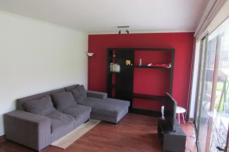 Living room with gray sectional sofa, red accent wall with black shelving, and wood floors. Sliding glass doors to the outside.