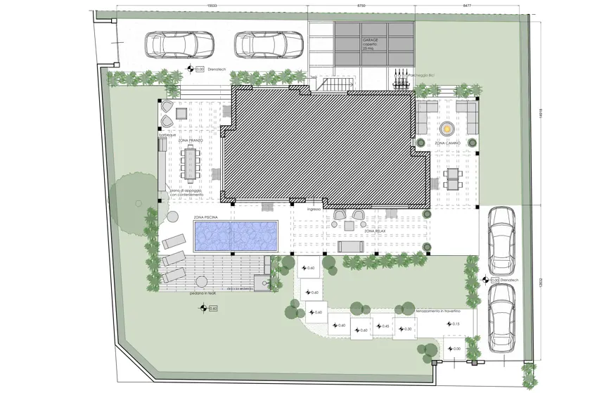 Architectural plan view of a house with a pool, patio, and garden. Two cars are parked in the driveway. The house is gray with a black roof.