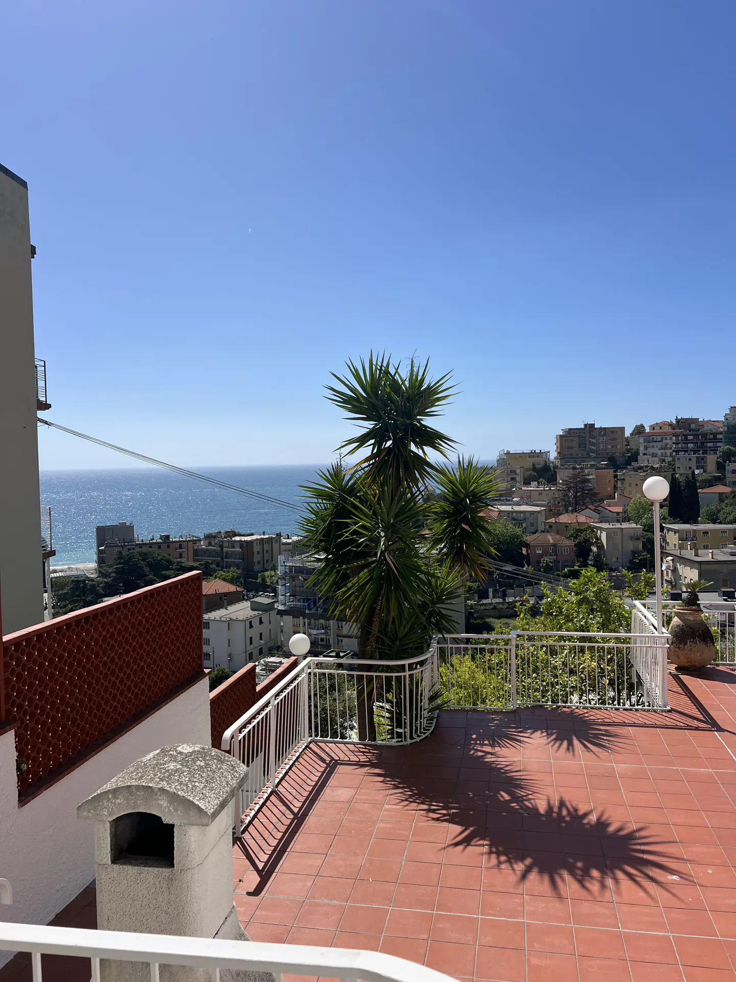 Terrace view with red tile floor, white railing, and palm trees overlooking the ocean and city under a clear blue sky.