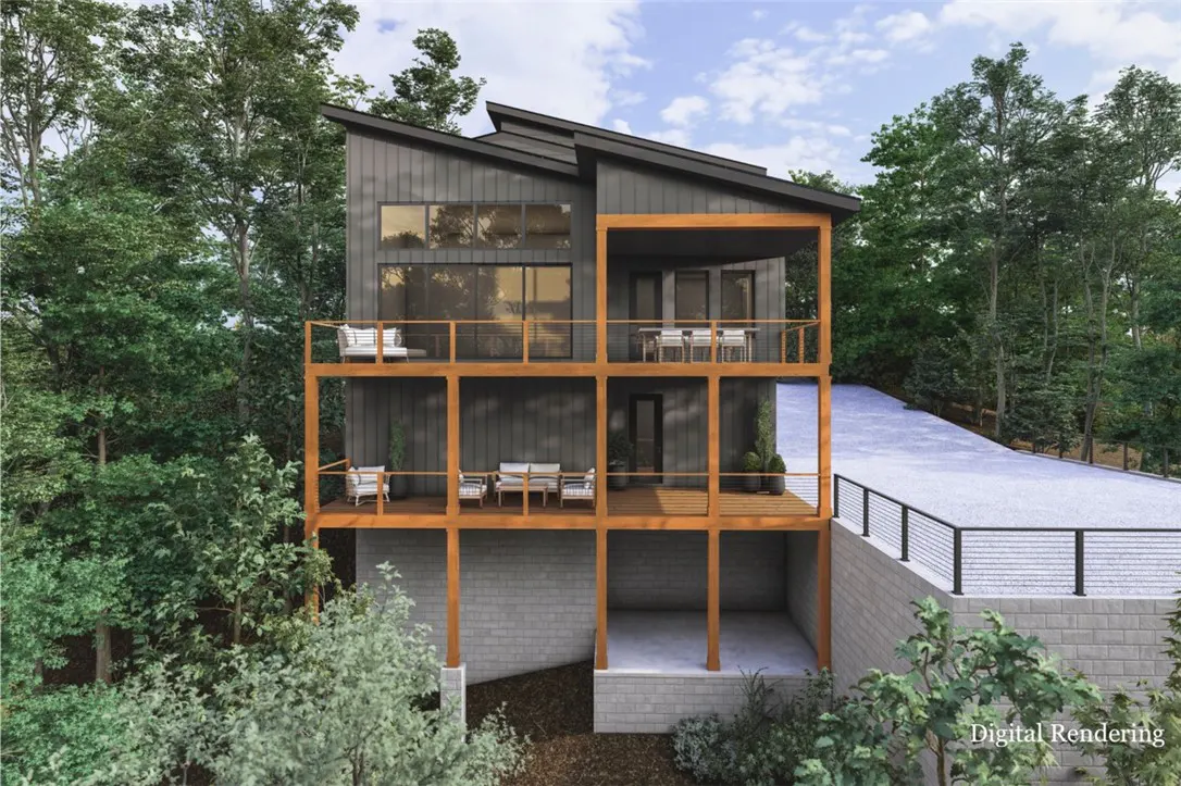 Two-story modern house with gray siding and wood balconies, surrounded by green trees. "Digital Rendering" is in the bottom right corner.