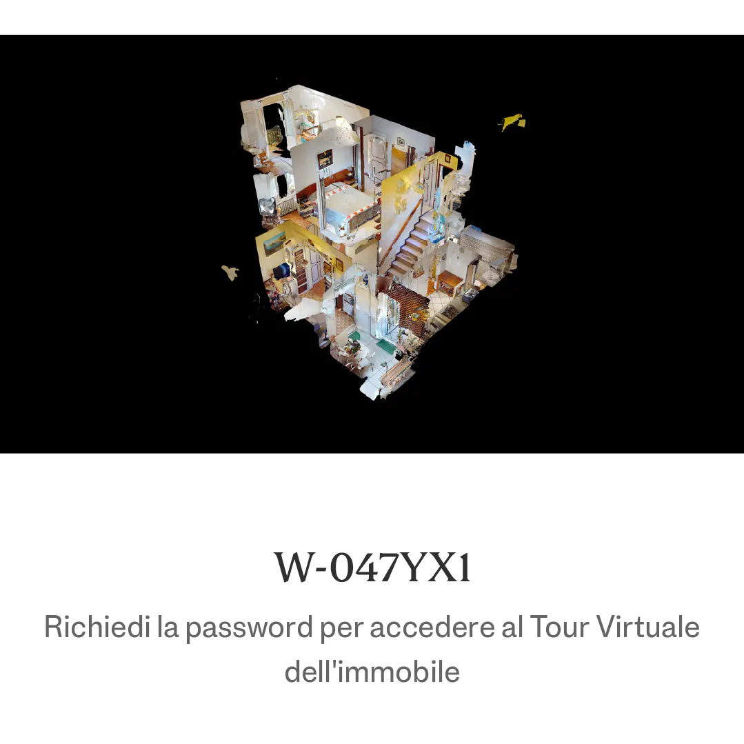 3D floor plan of a house with a black background. The house has multiple rooms and a staircase.