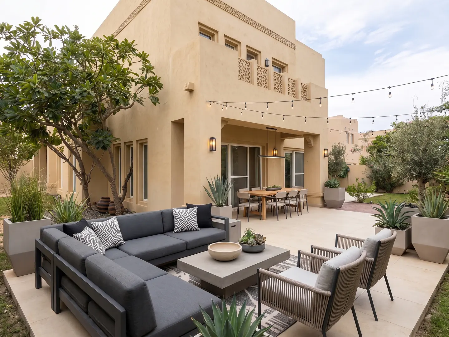 Outdoor patio with gray sectional sofa, chairs, and coffee table. String lights hang above a dining table on a beige stucco house patio.