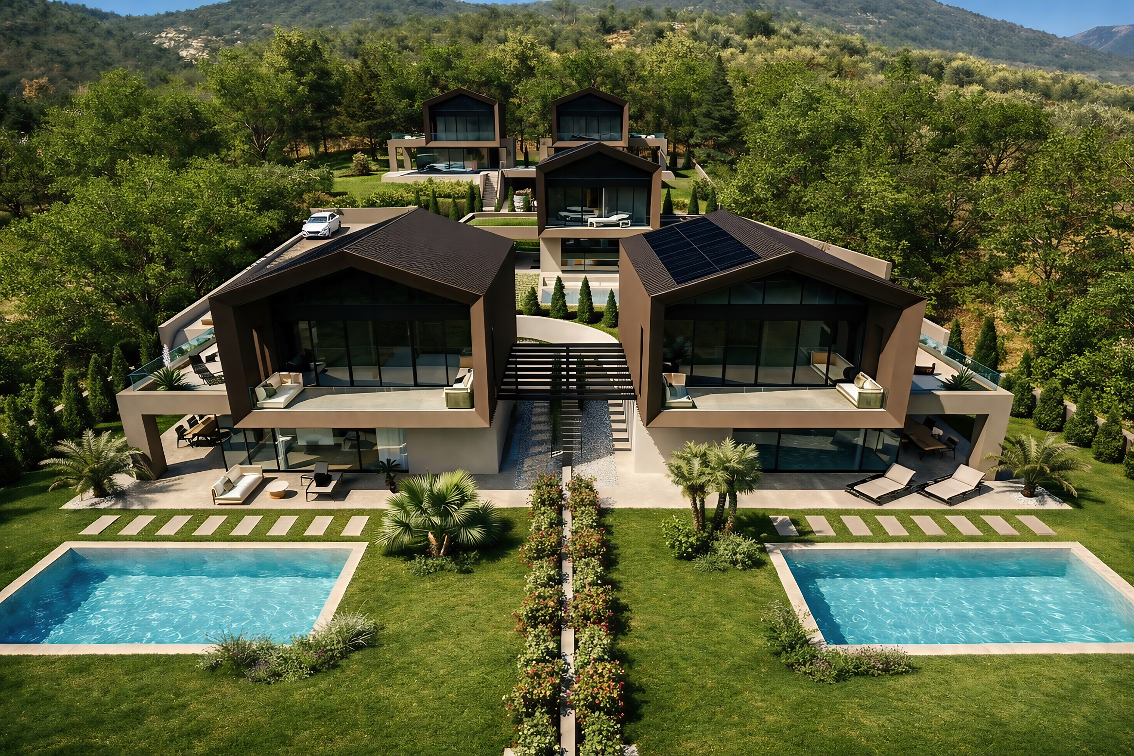 Aerial view of modern brown houses with pools, surrounded by green trees and a mountain backdrop.
