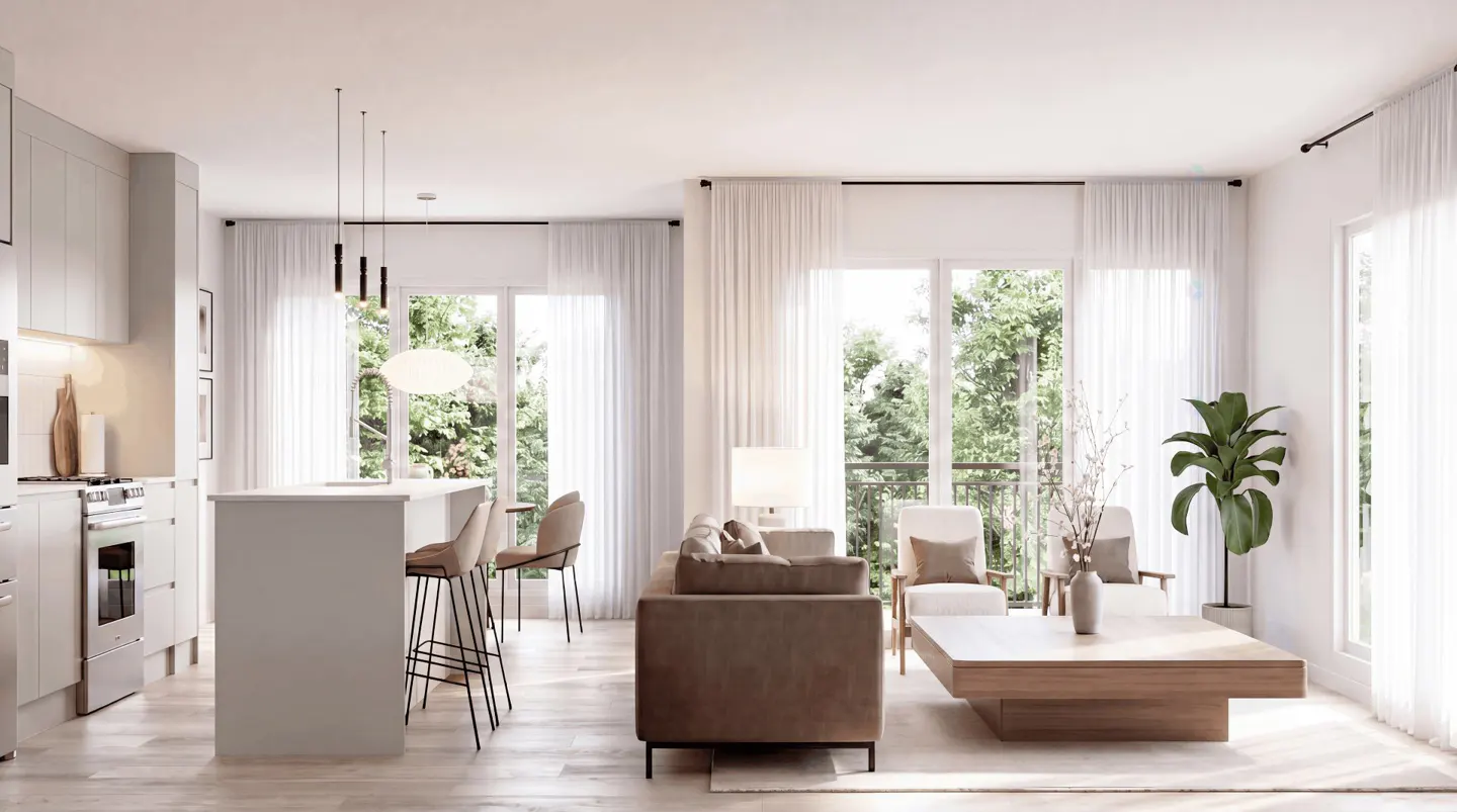 Bright, modern living space with a kitchen island, brown sofa, light wood coffee table, and large windows with sheer white curtains.