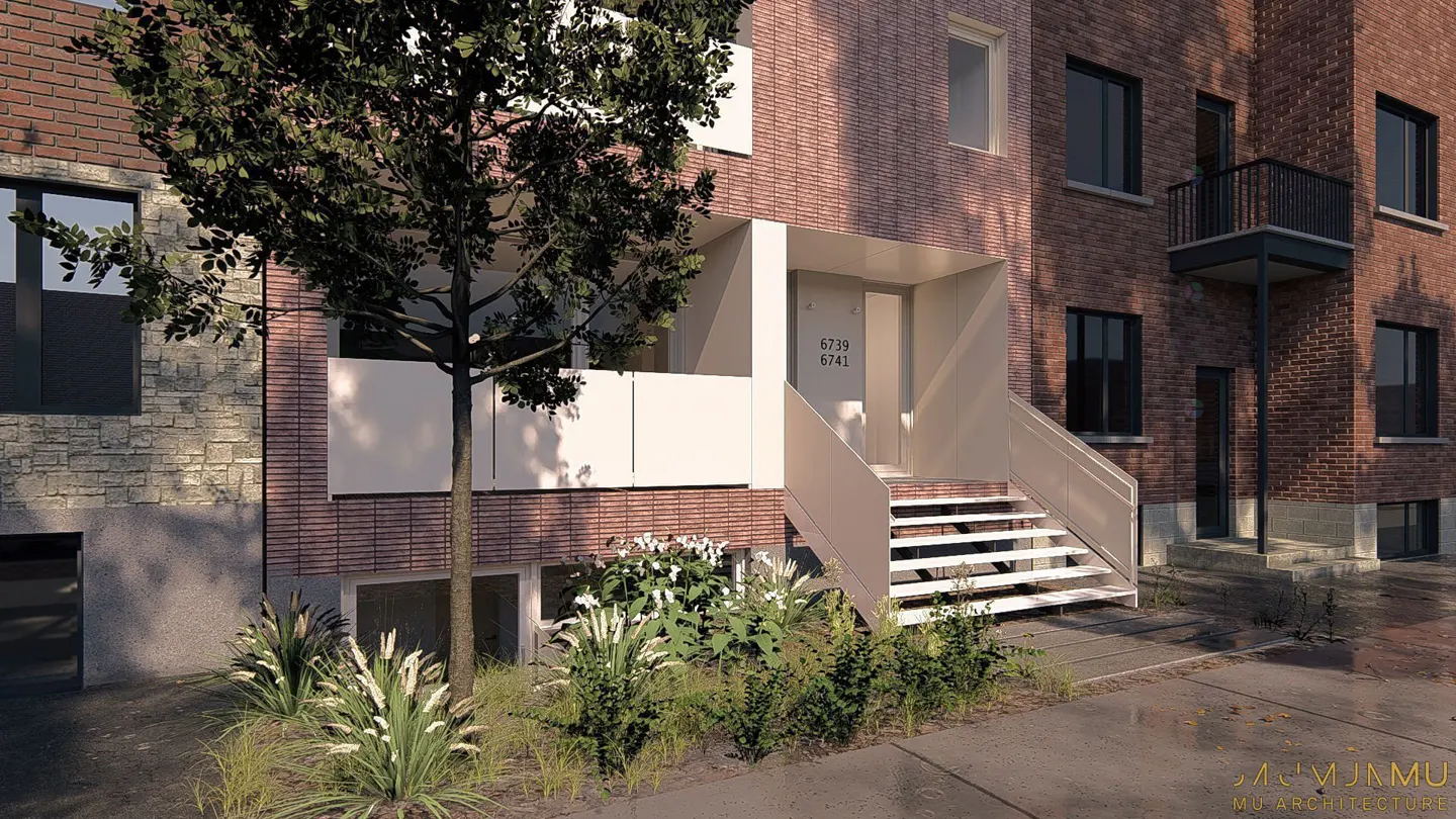 Exterior view of a brick apartment building with white stairs leading to the entrance. A tree and greenery are in the foreground.